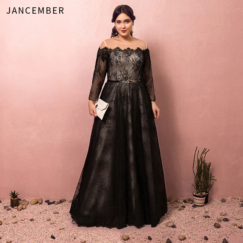 

JANCEMBER Plus Size Prom Dresses Tulle Long Sleeve Illusion Boat Neck Cut-Out Applique Belt Lace Up Back prom dresses 2019 New