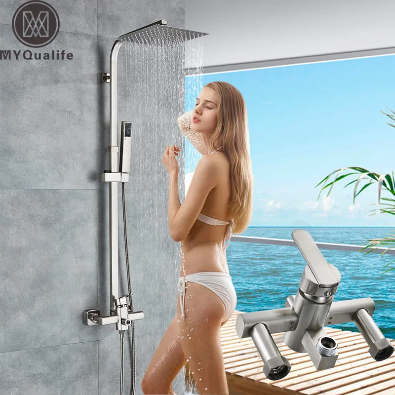 Brushed Nickel Shower Faucet Single Handle 8" Square Rainfall Shower Mixers with Handshower Height Adjustable Shower Pipe Faucet