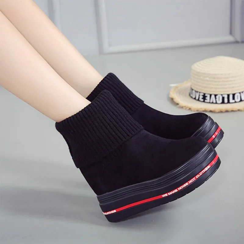 

2018 winter new increase 11 cm women's boots Korean fashion ultra high heel plus velvet thick-soled warm boots