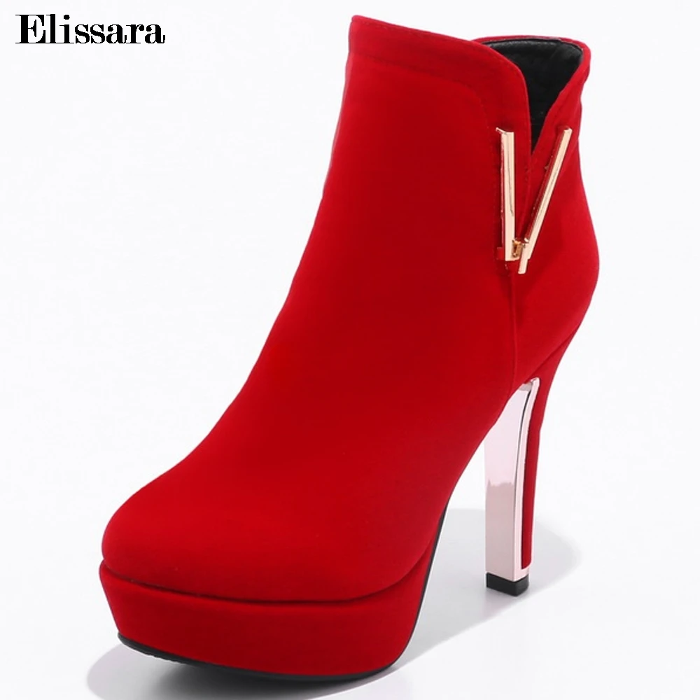 

Elisssara Women High Heels Ankle Boots Women Faux Suede Zip Platform Round Toe Winter Boots Shoes Plus Size 34-47