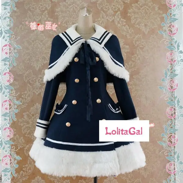 

CMLOLI Classis Sailor Uniform Inspired Navy Blue Long Sleeve Double Breasted Metal Button Wool Winter Lolita Coat Free Shipping