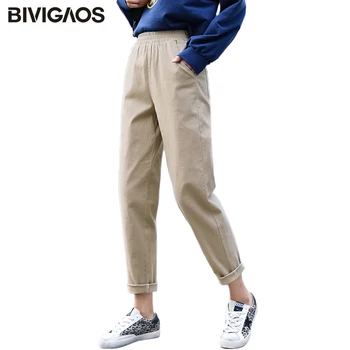 

BIVIGAOS New Womens Cotton Harem Cargo Pants Korean Fashion Straight Loose Casual Vintage Pants Basic Overalls Trousers Women