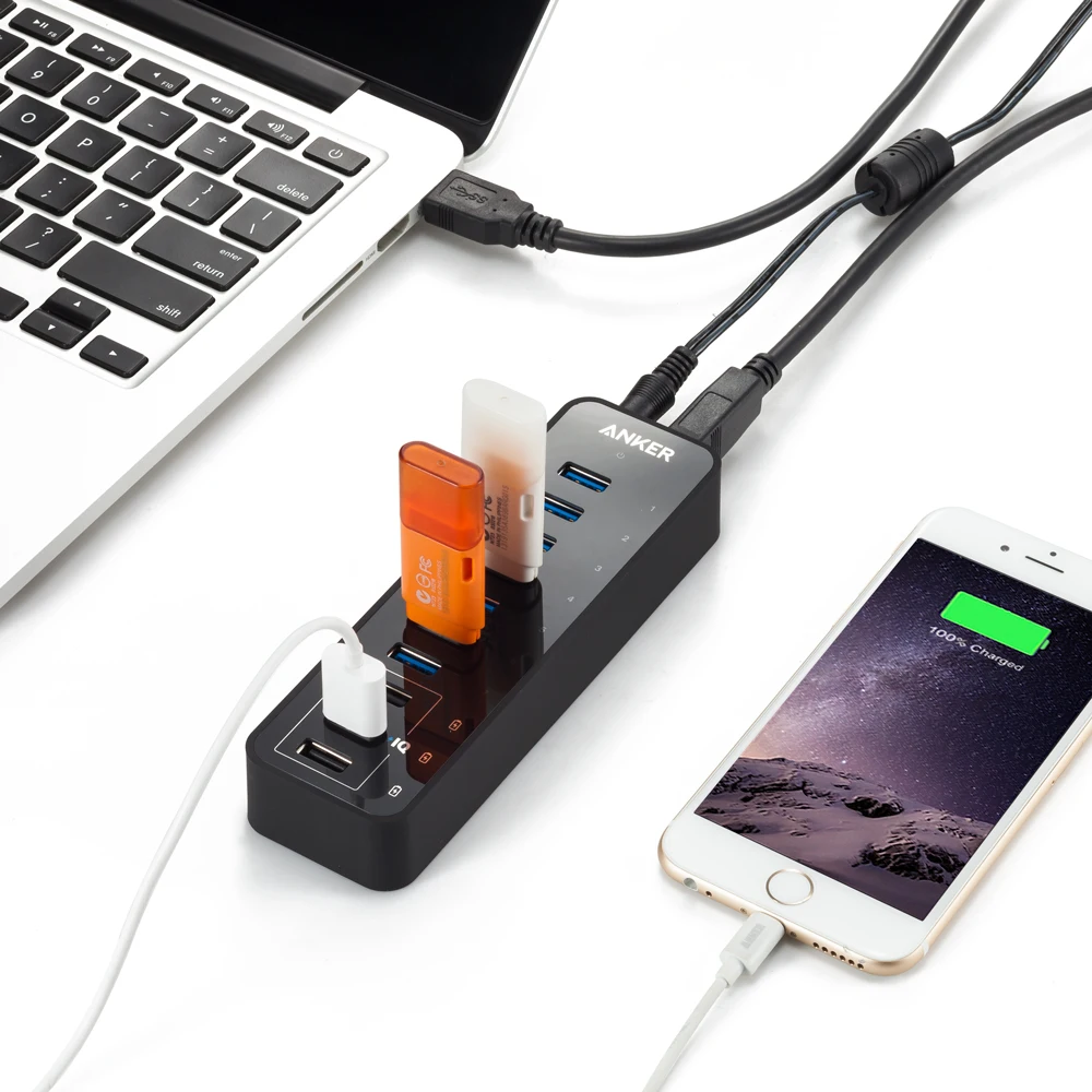  Hub de datos Anker 10 puertos 60W con 7 puertos USB 30 y 3 puertos de carga powereriq para MacBook 