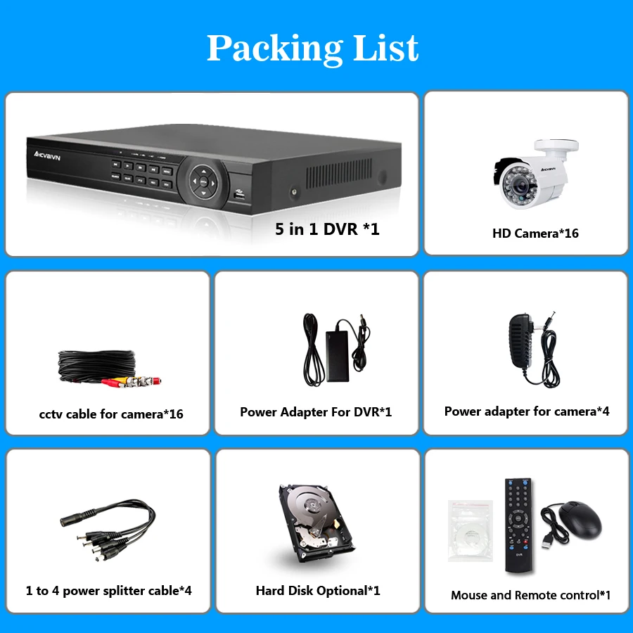  16CH 1080P AHD DVR NVR CCTV HDMI 16pcs AHD 720P 2000TVL IR Weatherproof CCTV Camera Security System Surveillance Kit