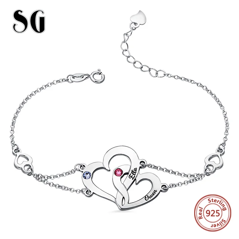 Горячие Персонализированные 925 пробы Серебряный переплетенный два сердца камни по месяцу рождения браслет выгравированы пара имя на заказ подарок на день Святого Валентина