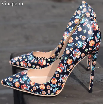 

Newest Flower Prints Leather Women Stiletto Heels Pointed Toe Patent Leather Women Shoes Pumps Slip-on High Heel Women Pumps