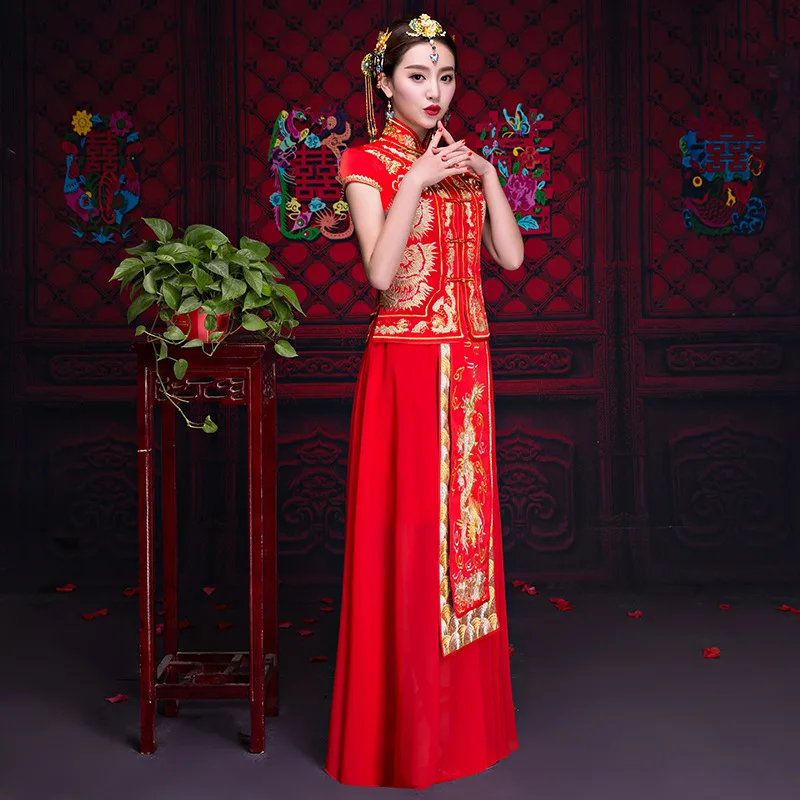 Свадебные Cheongsam красный Новый Традиционный китайский Свадебные платья Для женщин дракон вышивка Qipao платье Rouge кимоно