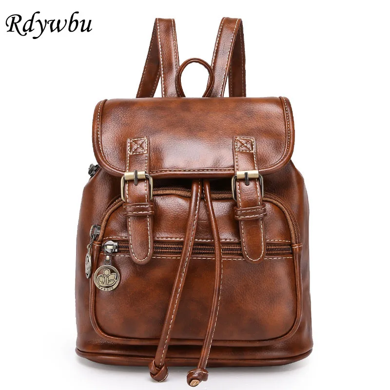 

Rdywbu Vintage PU Leather Small Backpack Women Retro Brown Drawstring Rucksack Teenager Girls School Bag Mini Travel Bolsas B120