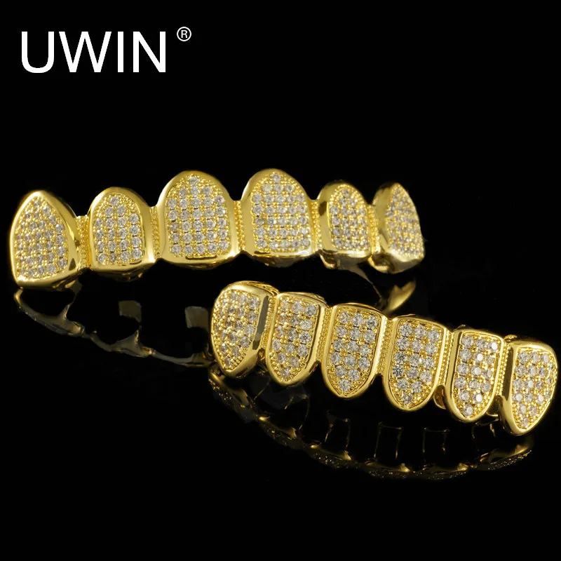 Kopen UWIN Nieuwe Custom Fit Zilver Goud Kleur Alle Iced Out Luxe AAA Zirkoon Strass Top Bottom Gold Grills set hop HIP tanden Gift