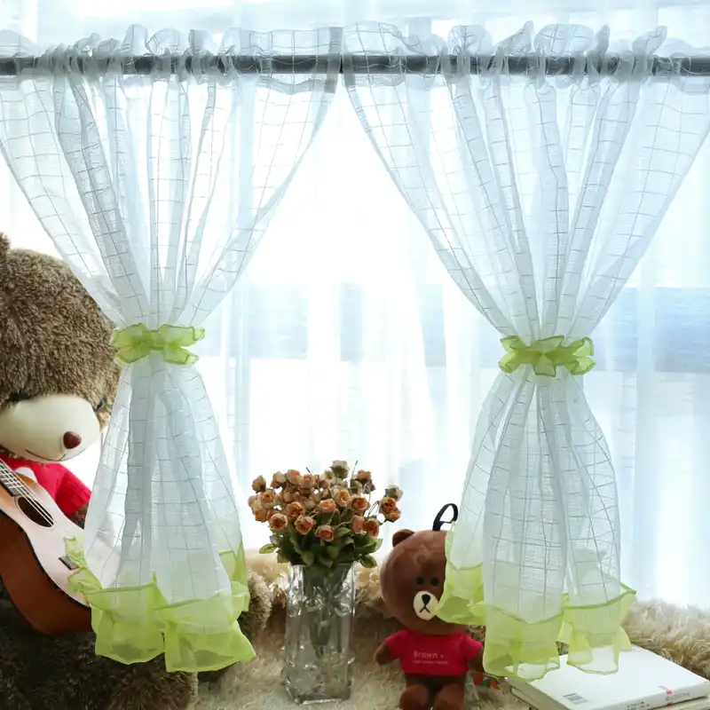 Budloom 2 Pcs Plaid Short Tulle Curtains For Kitchen White Small