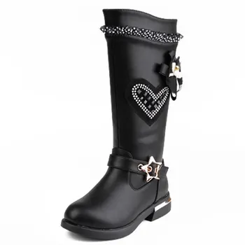 

Girls Elegant Lace Crystal Boots Black Red Anti-skid PU Leather Shoes Size26-37 Long Botas Princess Spring Winter Mid-calf Boots
