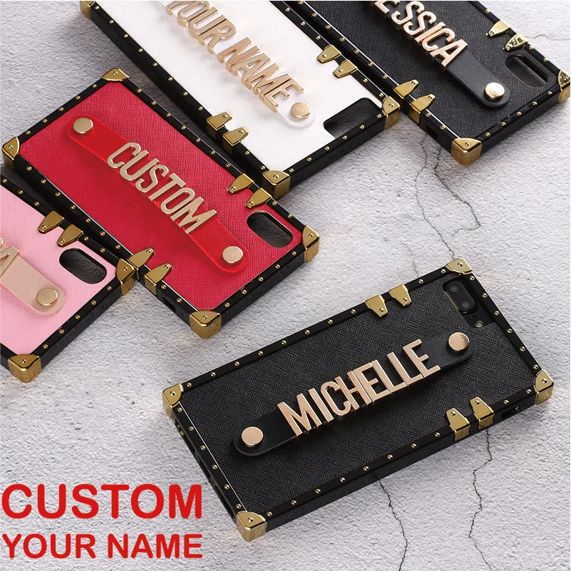 For iPhone 11 Pro 6S XS Max XR 7 7Plus 8 8Plus X Custom Leather Trunk Case Holding Strap Gold Metal Personalized Name Phone Case