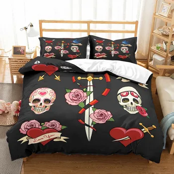 

Fanaijia Sugar Skull 3d Bedding Set Luxury Queen Duvet Cover Set with Pillowcase Rose Skull Bet Set