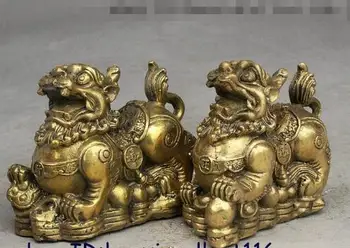 

YM 306 China Fengshui Brass Yuanbao Money Ruyi Pixiu Unicorn Beast Wealth Statue Pair