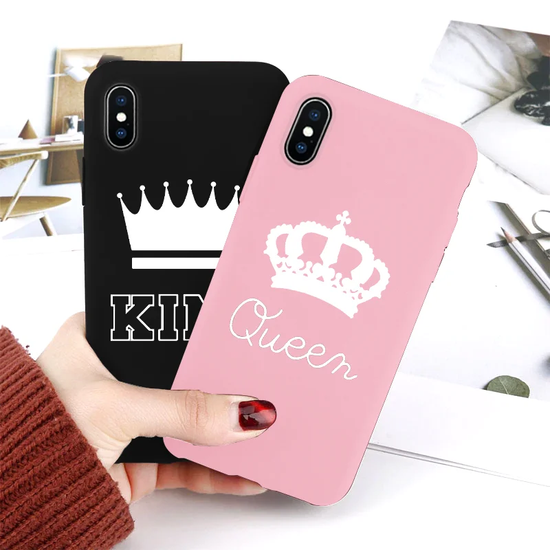 

King Queen Couple Color Matte Silicone Case For iPhone XS XR X XS Max Coque Soft TPU Back Covers For iPhone 8 7 6 6S Plus Fundas