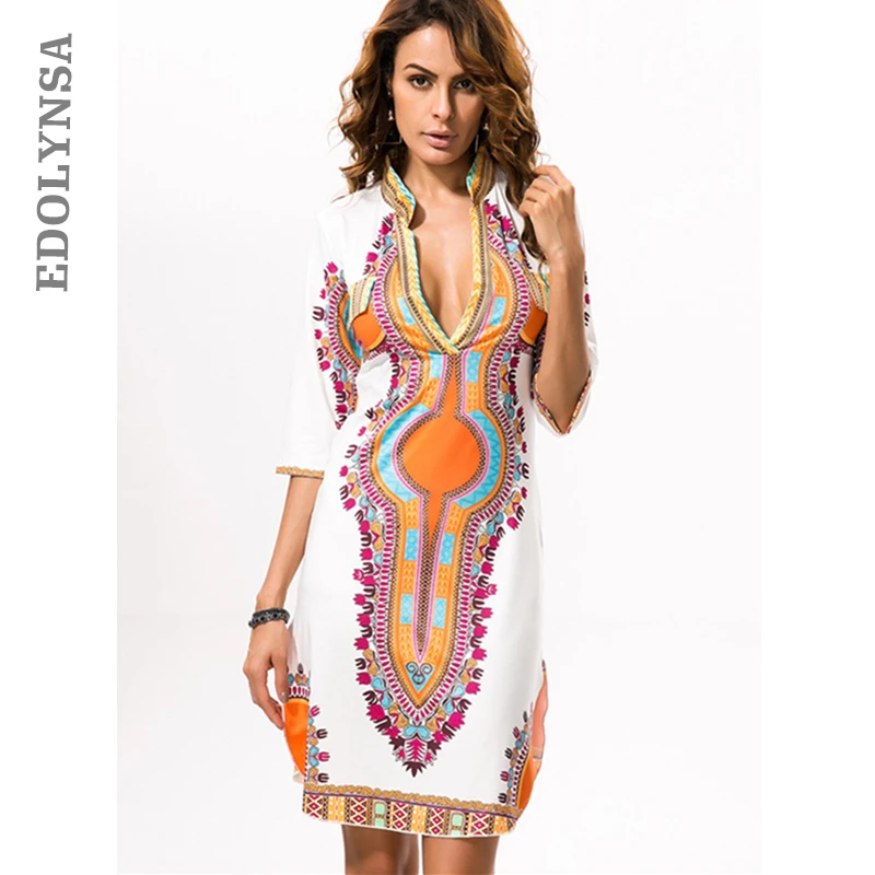 

2019 Brand Sexy Open Chest Stand Neck Empire Fashion Printed Tunic Summer Casual Ethnic Woman Dress Elegant Womens Clothing#D188