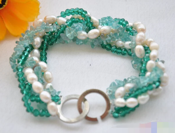 

Hot sell ->@@ > 09687 6row white pearl green faceted crystal bracelet -Top quality free shipping