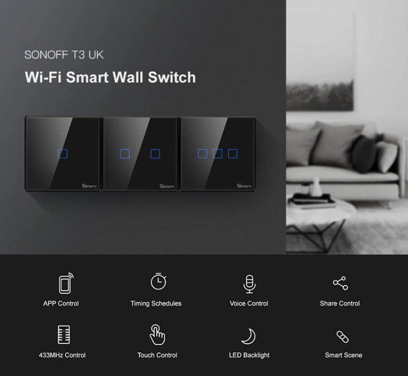 Интеллектуальный выключатель света SONOFF T3 TX WiFi смарт-переключателями с 1/2/3 банды переключатель Wi-Fi для Alexa Google Home домашней автоматизации ЕС/Великобритания/США