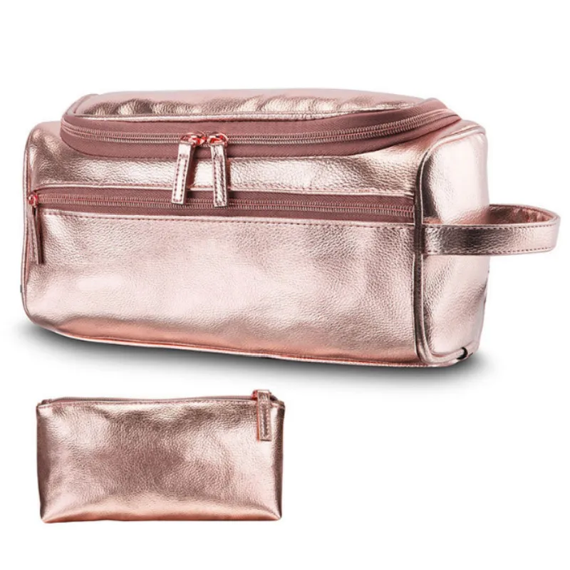 2Pcs/set PU Leather Vintage Cosmetic Bag Hanging Zipper Makeup Case Women Men Large Capacity ...