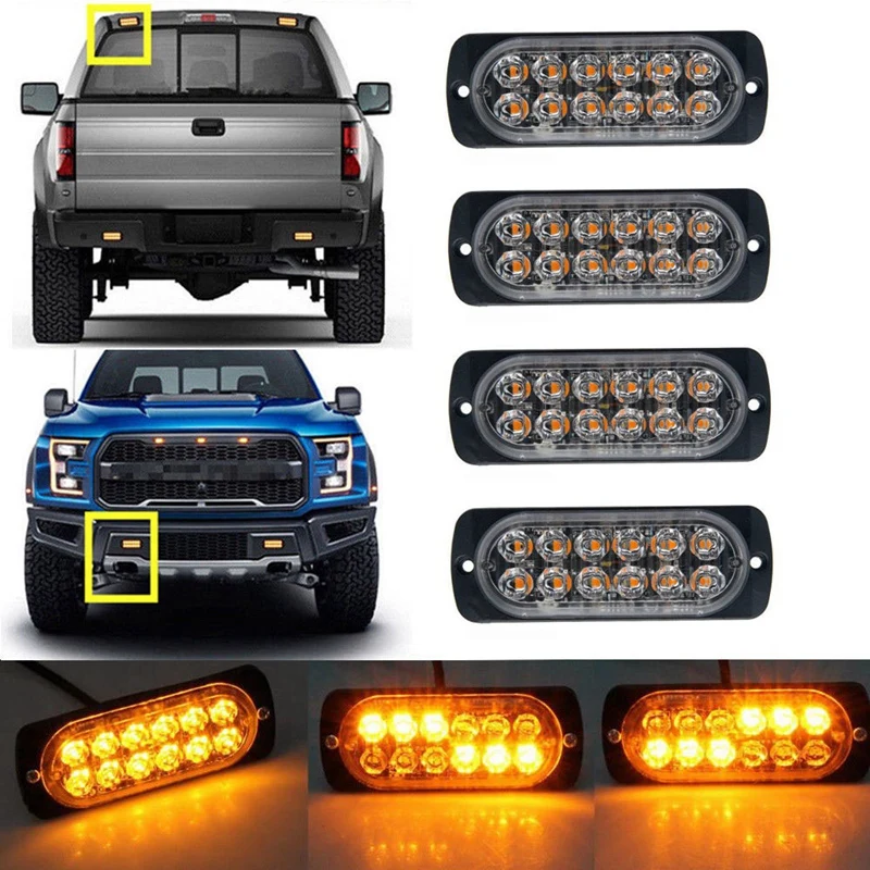 4x Amber Recovery Strobe Flashing Grille Light 12 LED Lightbar Truck Beacon Lamp