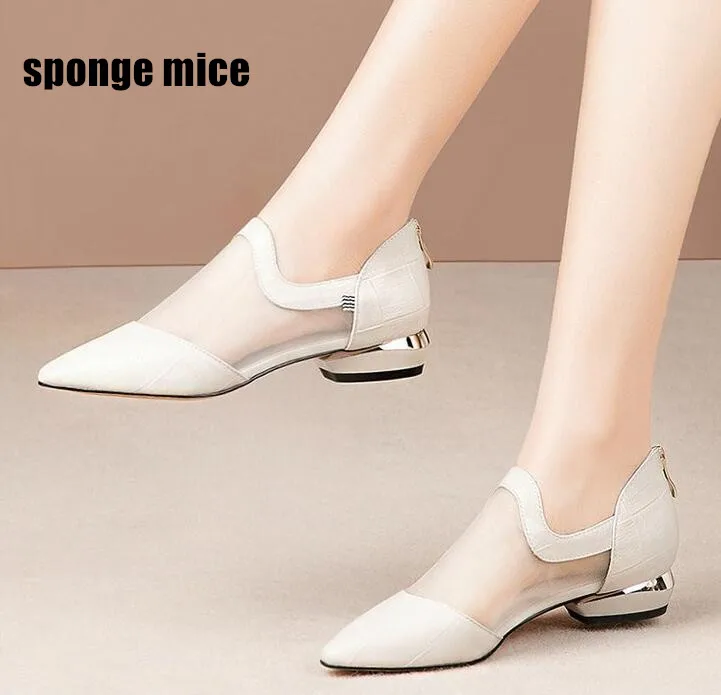 

2019 new pointed mesh breathable comfortable low-heeled sandals women Square heel Shoe Wedding Party shoes work Dress Shoes R1