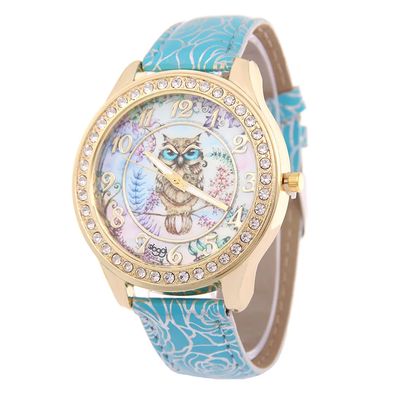 MINHIN, Топ бренд, Роскошные наручные часы, женские, с узором розы, кожаный браслет, часы, сова, дизайн, золотые стразы, повседневные часы, Relojes - Цвет: BSQ954W sky blue