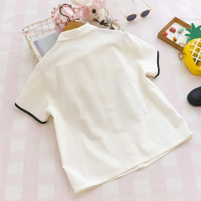 Summer Japanese Cute Fashion Linen Shirt Women School Style Funny Cat Tops Kawaii Printed Button Up Short Sleeve Girl Blouses 2