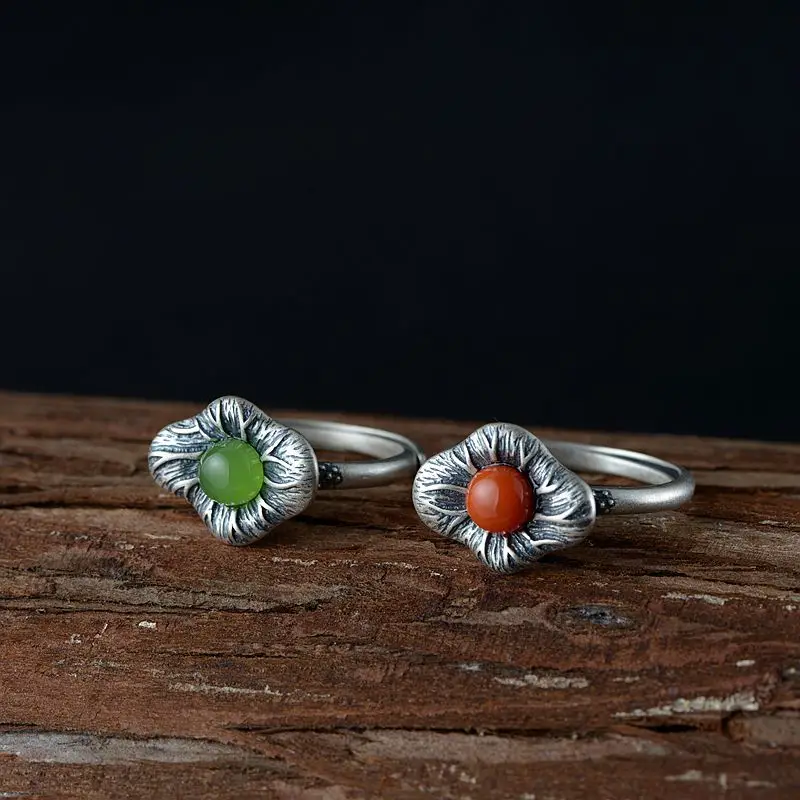 Vintage Jewelry Gemstone 925 Sterling Silver Ring Rainbow Nature Lotus Jasper Women Wedding Anel Aneis Gemstone Ring