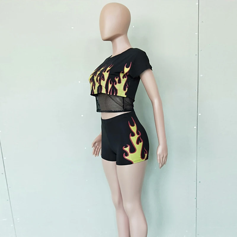 Женский сексуальный сетчатый комплект из двух предметов, шорты, футболка с принтом огня, комплекты с короткими рукавами, костюм из 2 предметов, укороченный топ, спортивный костюм, Harajuku, летние шт