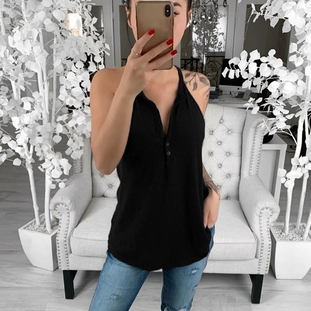Ladies Fashion Shirts Party Summer V-neck Solid Slim Cami Cocktail Sleeveless Tops Shirt Women Clothing | Женская одежда