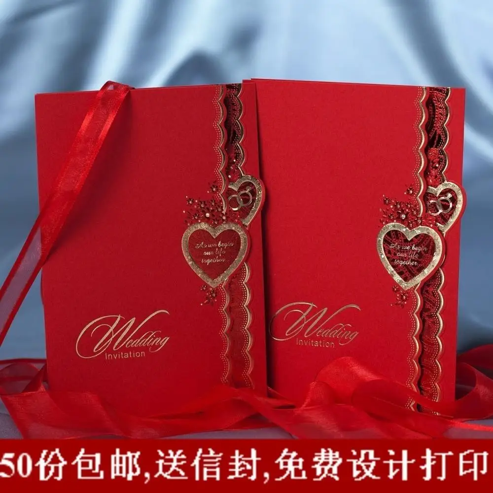 Chinese Red Heart Shape Gilding Customizable Wedding Invitation Card
