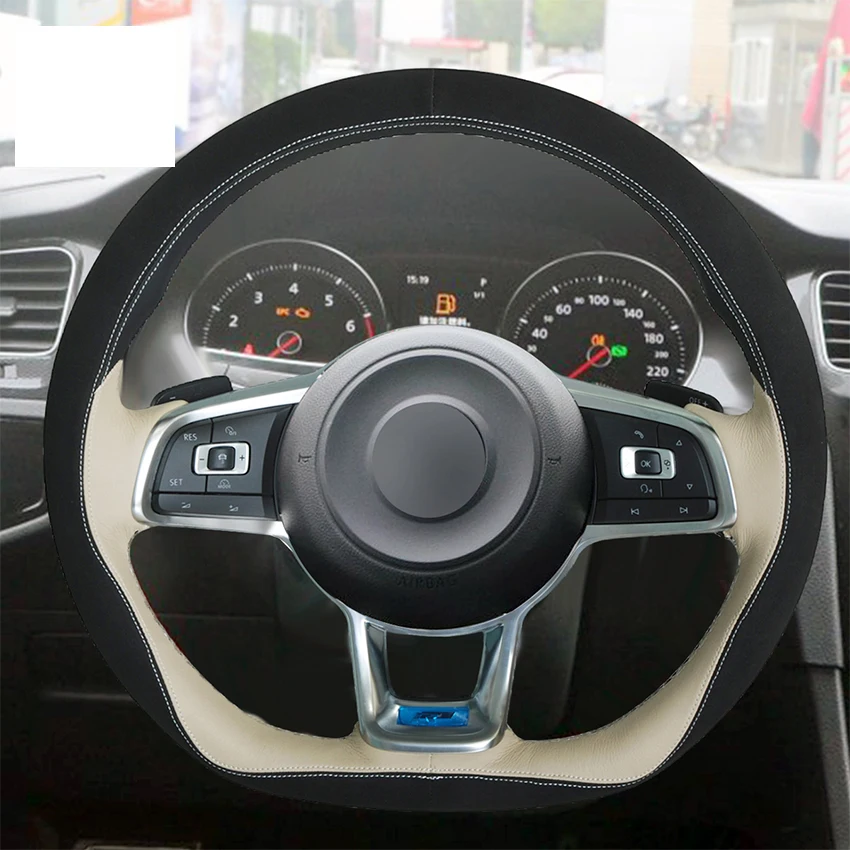 

OLPAY DIY Black Suede Beige Leather Car Steering Wheel Cover for Volkswagen VW Golf 7 GTI Golf R MK7 VW Polo GTI Scirocco 2015
