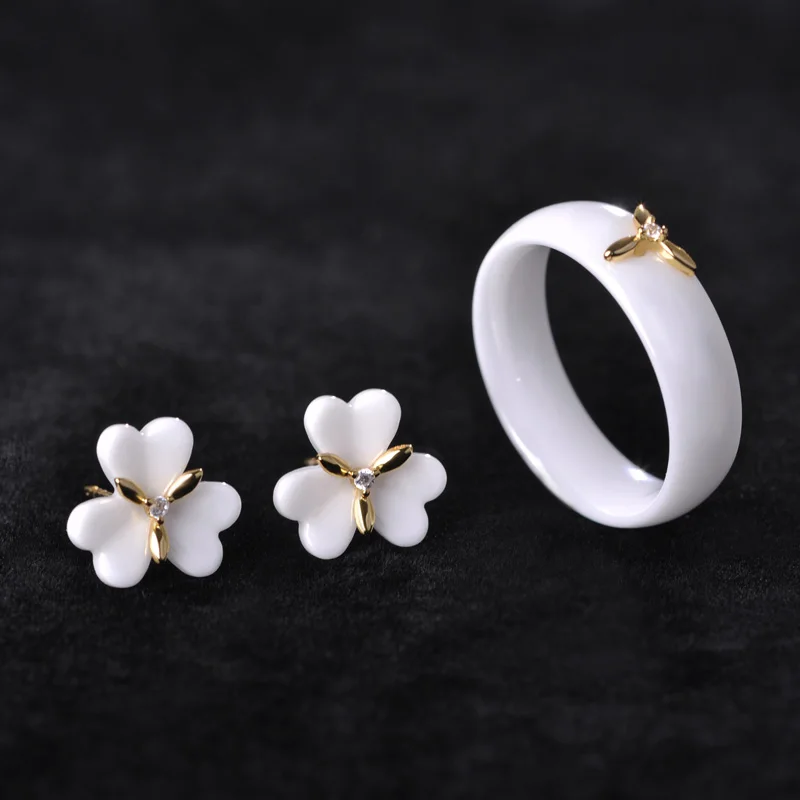 

Golden Flower Ceramic Wedding Bridal Jewelry Sets Women Sergi Femme Bijoux Exquisite Rhinestone Zircon Ring&Earring Anel uk