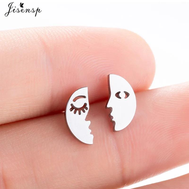 

Jisensp Cute Tiny Moon Stud Earrings for Girls Statement Jewelry Asymmetric Hollow Out Face Earrings Stainless Steel Earings