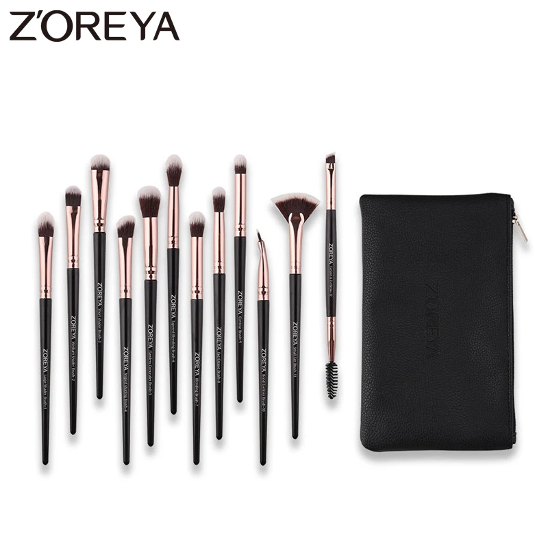 

ZOREYA Brand High Quality Synthetic Hair Eye Makeup Brush Set Eye Shadow Eyeliner Concealer Blending Eyelash Brushes Black 12pcs