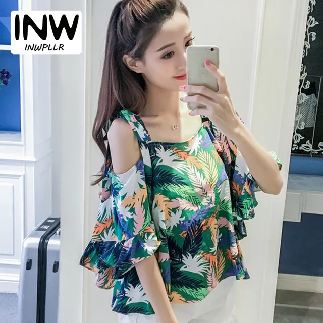 2017 Summer Women Tops Tropical Print Blouses Fashion Cold