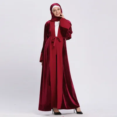 Последняя зима jilbabs abayas бархат Дубай абайя с кардиган на поясе Печать Открытый