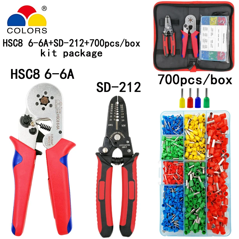 

COLORS Kit HSC8 6-6B 0.25-6mm2 crimping pliers SD212 multifunction stripping cut wire plier suit 700pcs/box tube terminal tools
