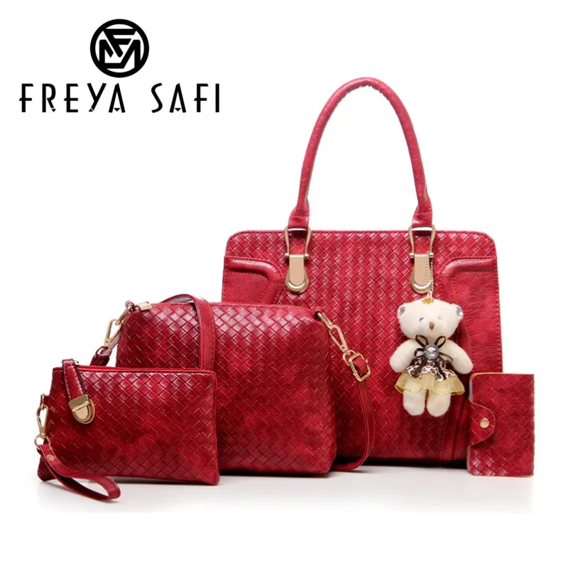 

Freya Safi Brand Composite Bags Women Shoulder Patchwork Crossbody Messenger Bag With Bear Doll 4 Pieces PU leather Bag Female