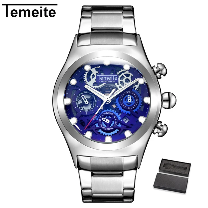 Мужские часы TEMEITE, мужские деловые модные повседневные полностью Стальные кварцевые наручные часы, водонепроницаемые мужские часы, мужские часы - Цвет: TEMEITE 1 with box