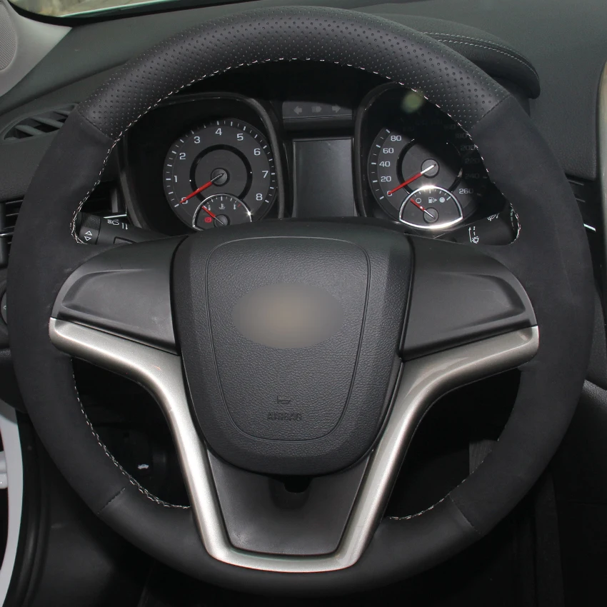Black Natural Leather Black Suede Car Steering Wheel Cover for