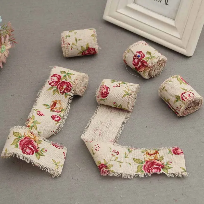 Роза напечатанная джутовая ткань рулон конопли DIY свадебный подарок на день рождения ремень швейная потянула веревка в цветочек льняная объемная Мешковина лента