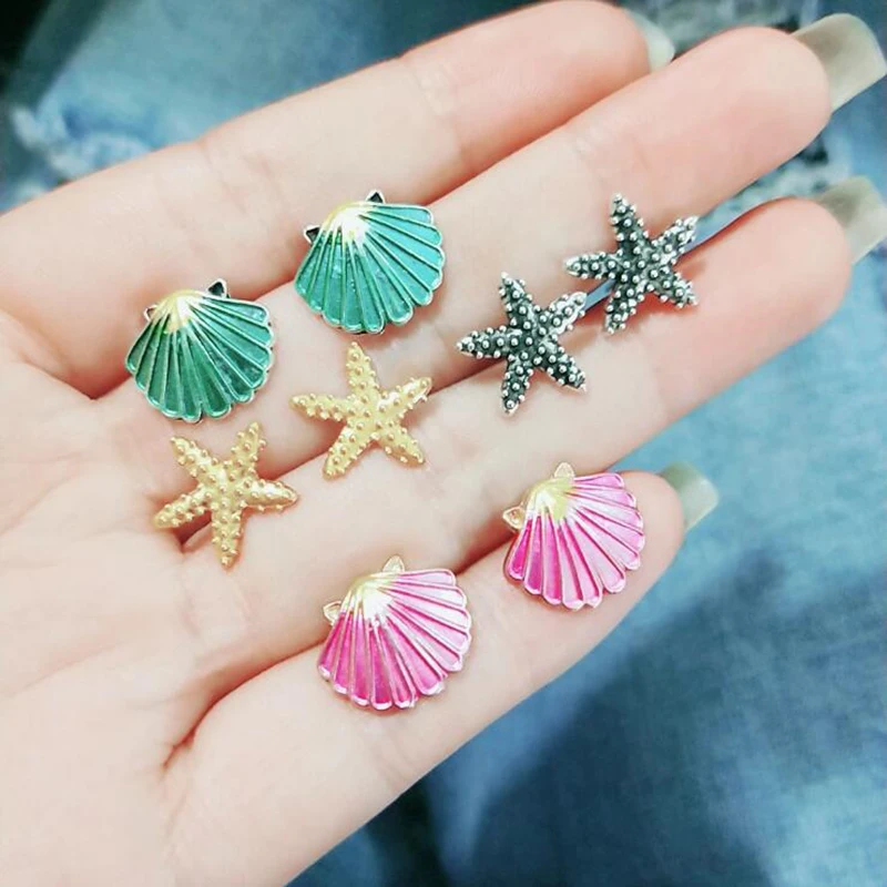 

Meyfflin Brincos Vintage Earrings Set Boucle D'oreille Fashion Colorful Seastar Shell Stud Earrings for Women 4 Pairs/ Set New