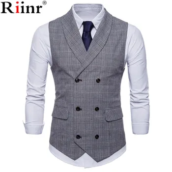 

Riinr 2019 Brand Suit Vest Men Jacket Sleeveless Beige Gray Brown Vintage Tweed Vest Fashion Spring Autumn Plus Size Waistcoat