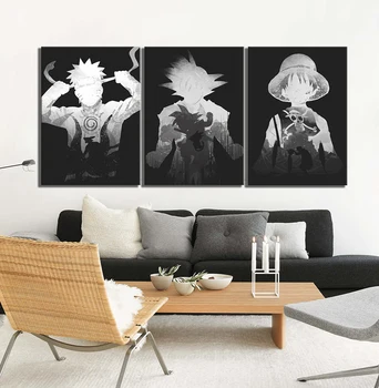 

3 Piece Goku Luffy and Naruto Cartoon Pictures Black White Paintings Dragon Ball One Piece Naruto Anime Poster Wall Paintings