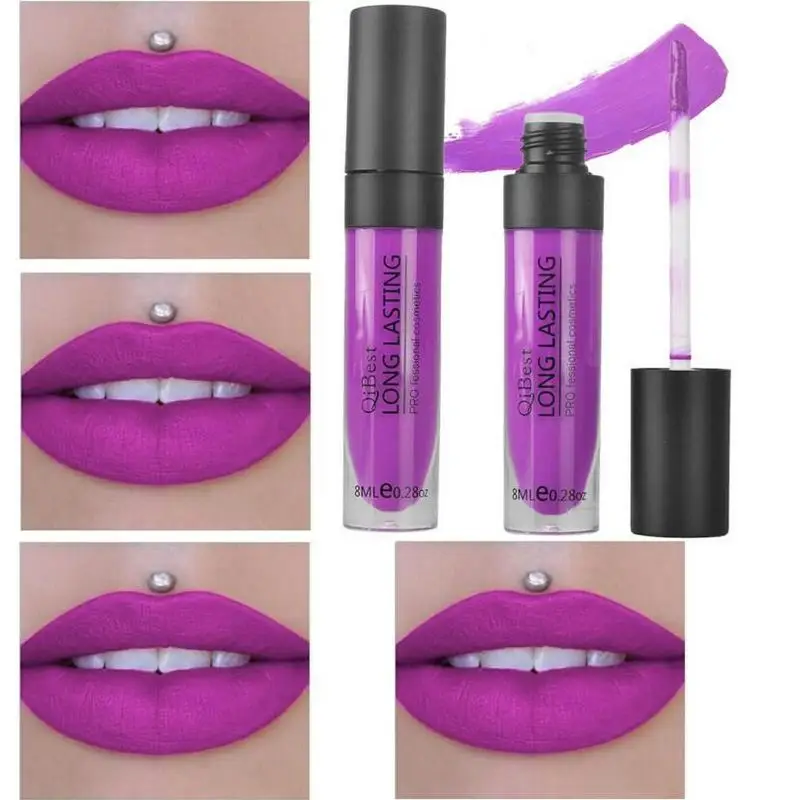 QiBest Matte Liquid Lip Gloss purple colour Lip Stick Cosmetic Matte