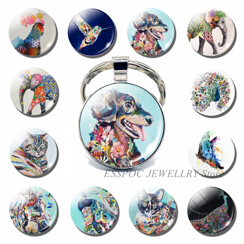 

Animal Colorful Painted Keychain Glass Cabochon Jewelry Elephant Dog Cat Pendant Car Key Chain Men Women Fashion Keyring Gifts
