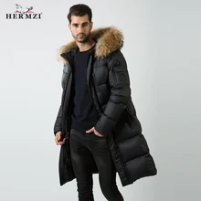 Лучший! HERMZI 2019 Мужские Пуховики Зимние Мужские Длинные Пуховики 80% Утиный Пух Высокого Качества Толсты
