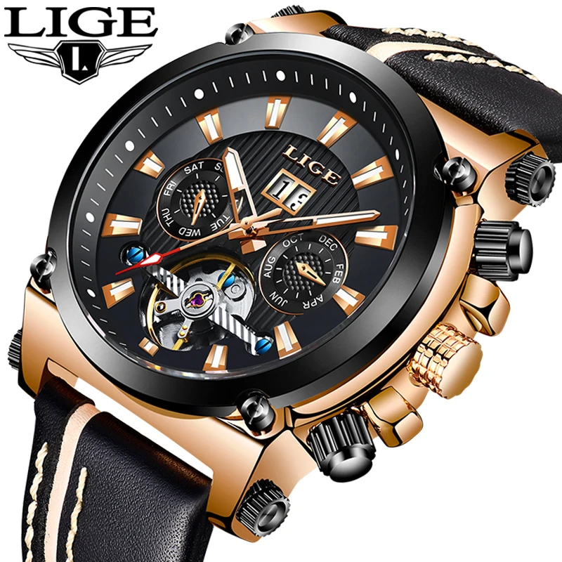 

LIGE New Watch Men Top Brand Luxury Automatic Mechanical Watchs Leather Waterproof Mens Watches Business Clock Relogio Masculino