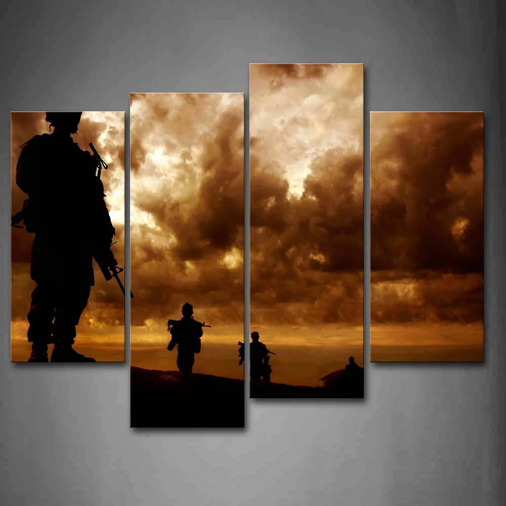

4 Pics Framed Wall Art Picture Soldiers Sky Clouds Canvas Print Aircraft Poster With Wooden Frames For Home Office Decor